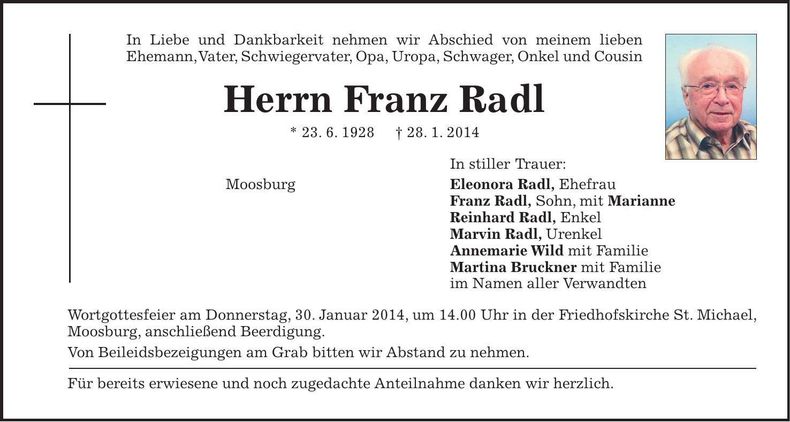 Traueranzeige Franz Radl
