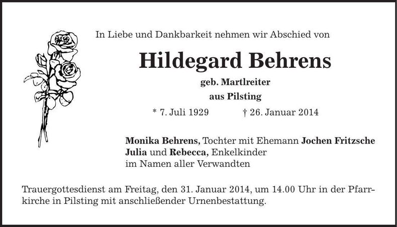 Traueranzeige Hildegard Behrens