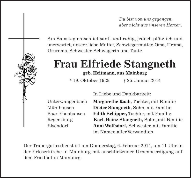 Traueranzeige Elfriede Stangneth
