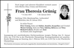 Traueranzeige Theresia Grünig