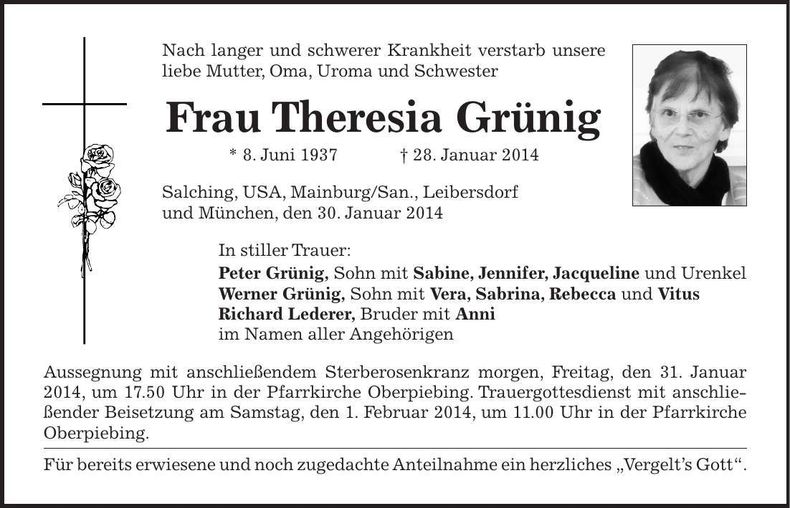 Traueranzeige Theresia Grünig