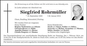 Traueranzeige Siegfried Rohrmüller