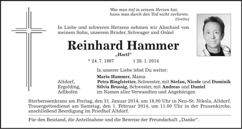 Traueranzeige Reinhard Hammer
