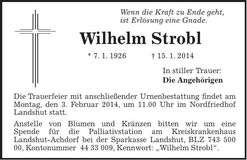 Traueranzeige Wilhelm Strobl