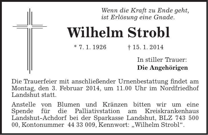 Traueranzeige Wilhelm Strobl
