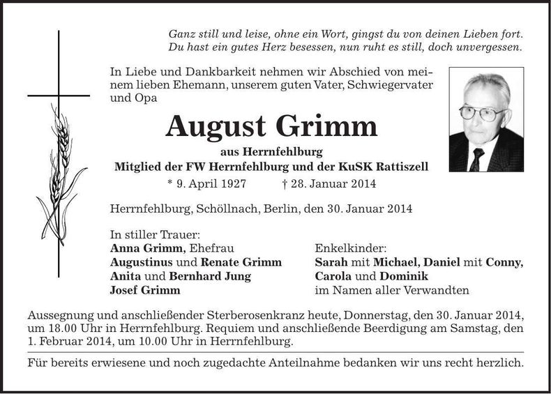 Traueranzeige August Grimm