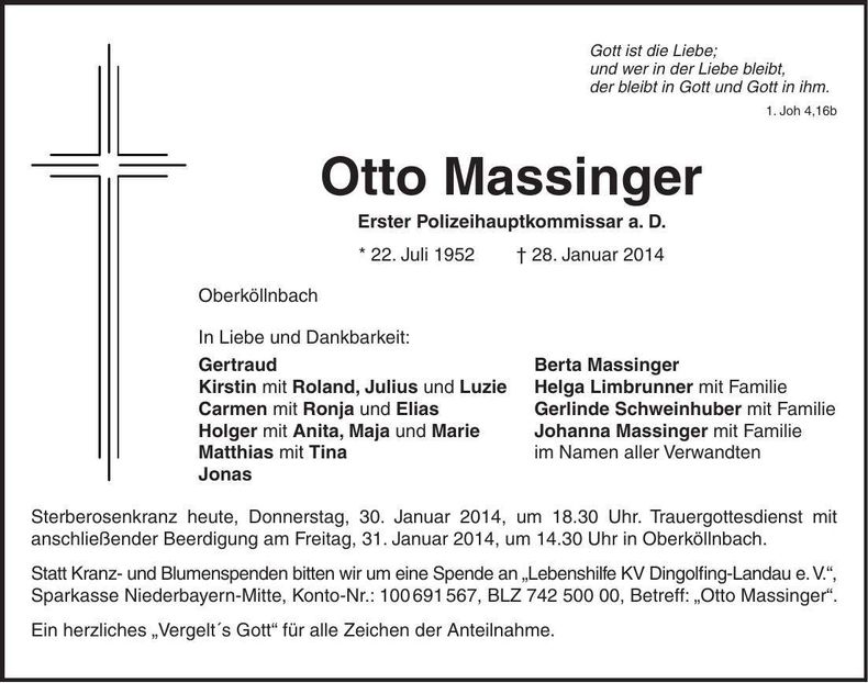 Traueranzeige Otto Massinger