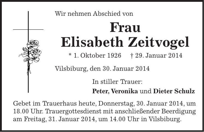Traueranzeige Elisabeth Zeitvogel