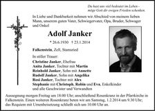 Traueranzeige Adolf Janker
