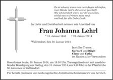 Traueranzeige Johanna Lehrl
