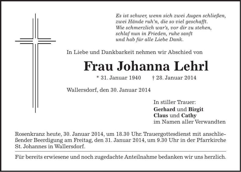 Traueranzeige Johanna Lehrl