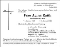 Traueranzeige Agnes Raith