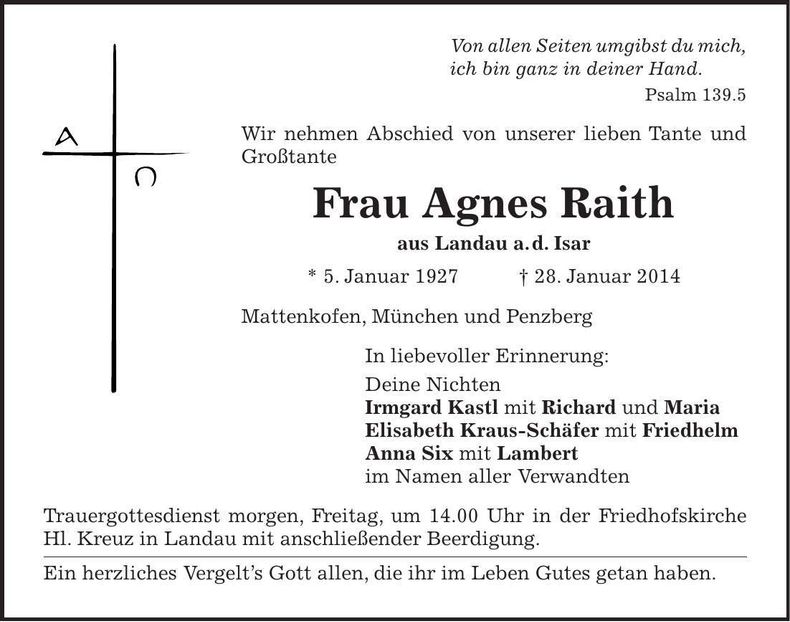 Traueranzeige Agnes Raith