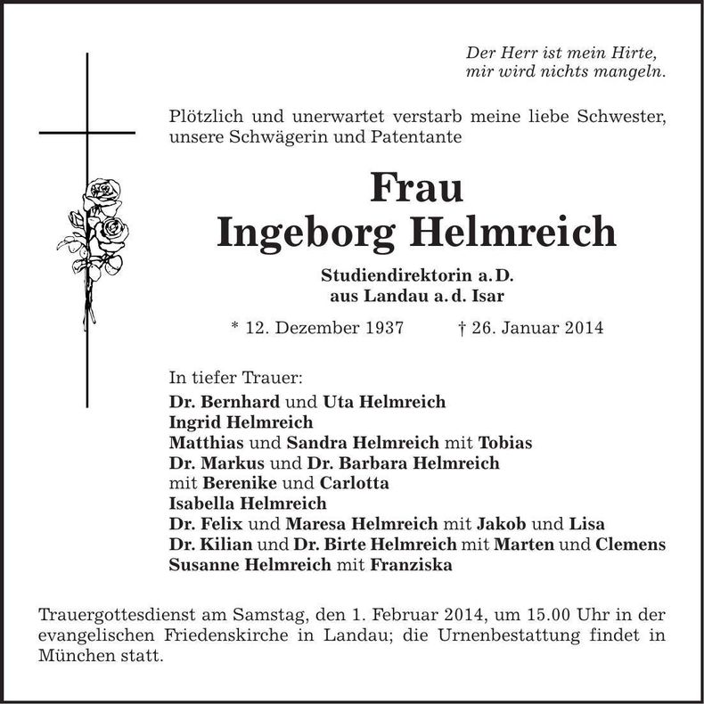 Traueranzeige Ingeborg Helmreich