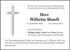 Traueranzeige Wilhelm Mandl