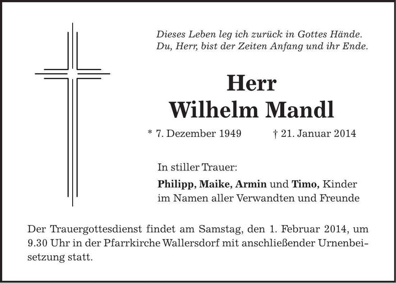 Traueranzeige Wilhelm Mandl