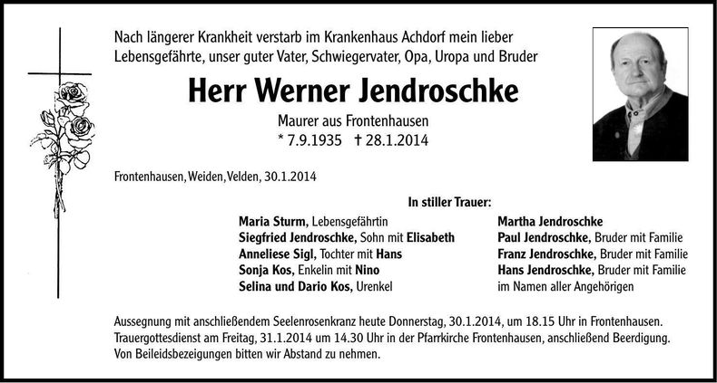 Traueranzeige Werner Jendroschke