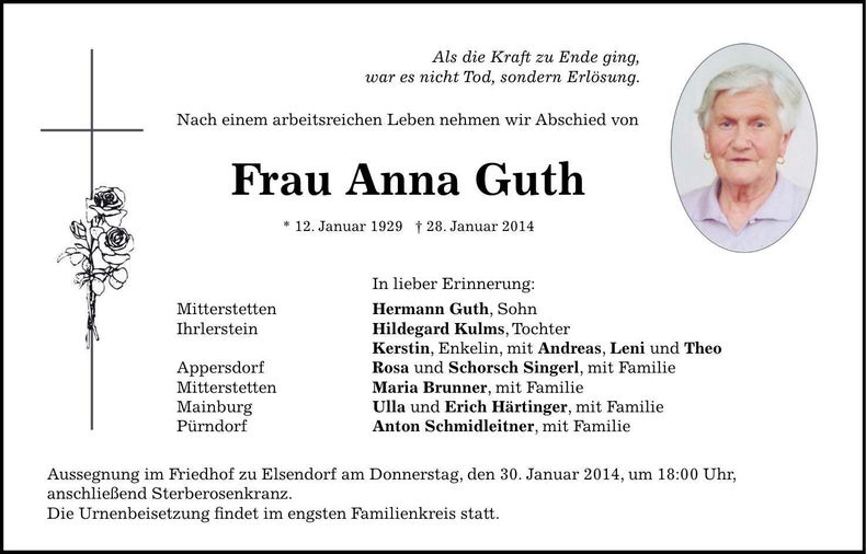 Traueranzeige Anna Guth