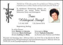 Traueranzeige Hildegard Stangl