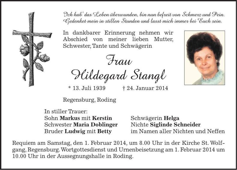 Traueranzeige Hildegard Stangl