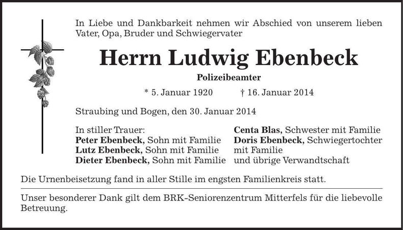 Traueranzeige Ludwig Ebenbeck