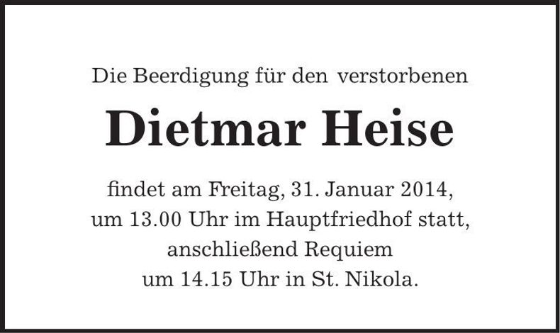 Traueranzeige Dietmar Heise