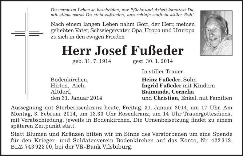Traueranzeige Josef Fußeder