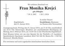Traueranzeige Monika Krejci