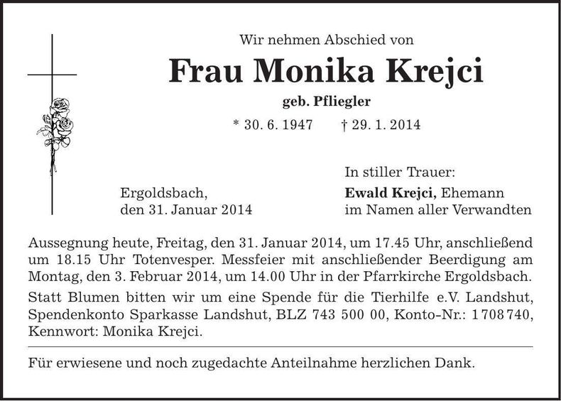 Traueranzeige Monika Krejci