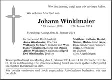 Traueranzeige Johann Winklmaier