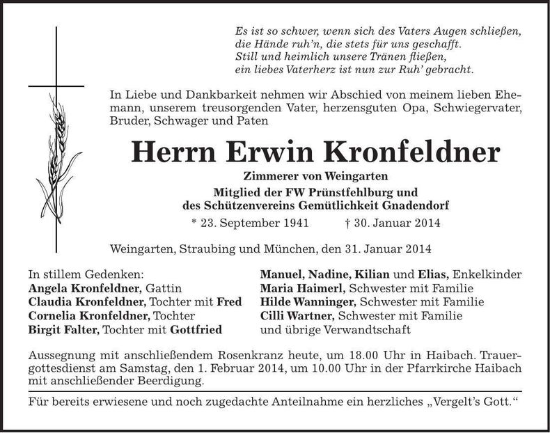 Traueranzeige Erwin Kronfeldner