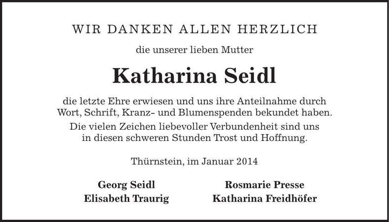 Traueranzeige Katharina Seidl