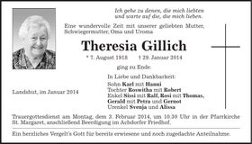 Traueranzeige Theresia Gillich