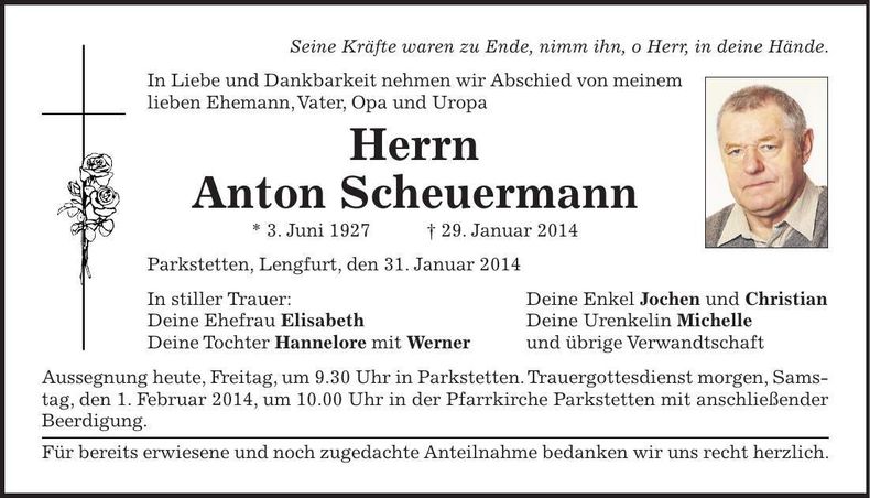 Traueranzeige Anton Scheuermann