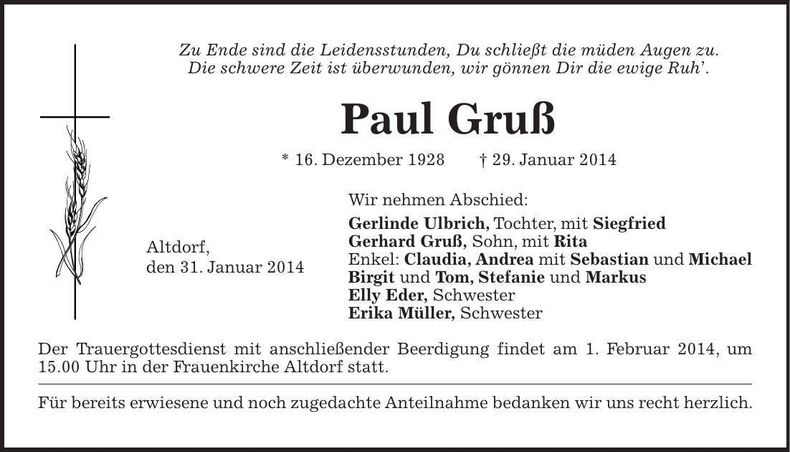 Traueranzeige Paul Gruß