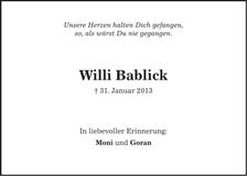 Traueranzeige Willi Bablick