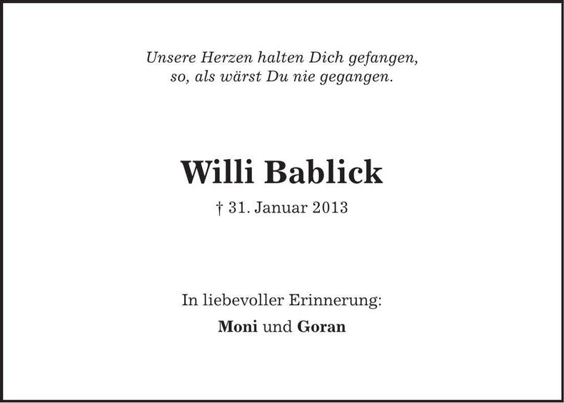 Traueranzeige Willi Bablick