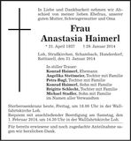 Traueranzeige Anastasia Haimerl