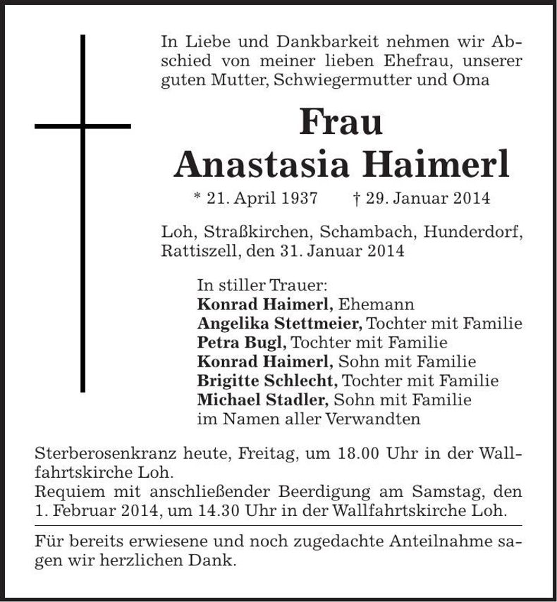 Traueranzeige Anastasia Haimerl