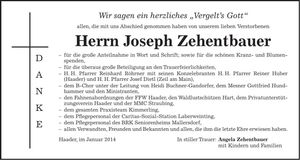 Traueranzeige Joseph Zehentbauer