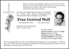 Traueranzeige Gertrud Wolf