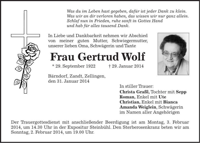 Traueranzeige Gertrud Wolf