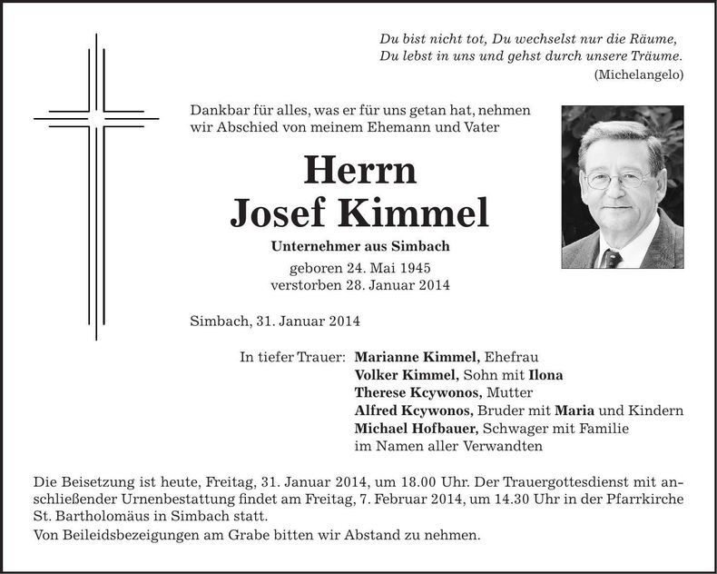 Traueranzeige Josef Kimmel
