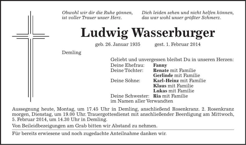 Traueranzeige Ludwig Wasserburger