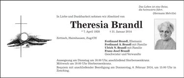 Traueranzeige Theresia Brandl