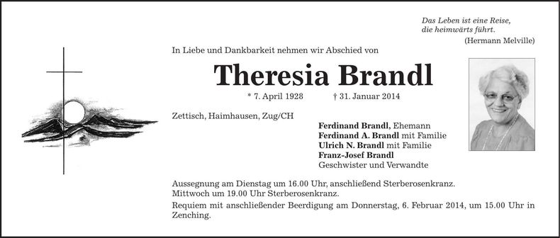 Traueranzeige Theresia Brandl