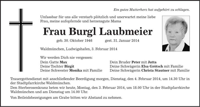 Traueranzeige Burgl Laubmeier