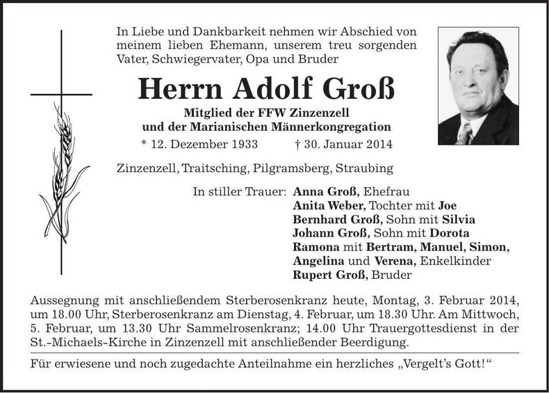 Traueranzeige Adolf Groß