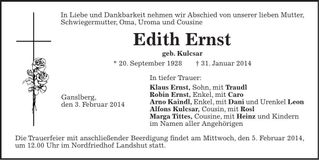 Traueranzeige Edith Ernst