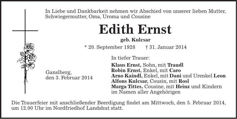 Traueranzeige Edith Ernst